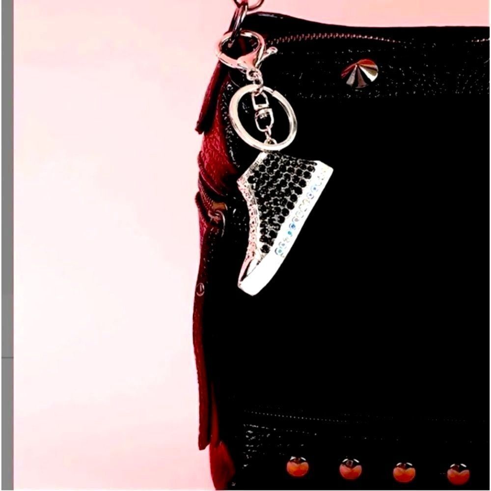 Hi Top Sneaker Black & White Purse Charm Key Chain Rhinestone NEW - Picture 6 of 7